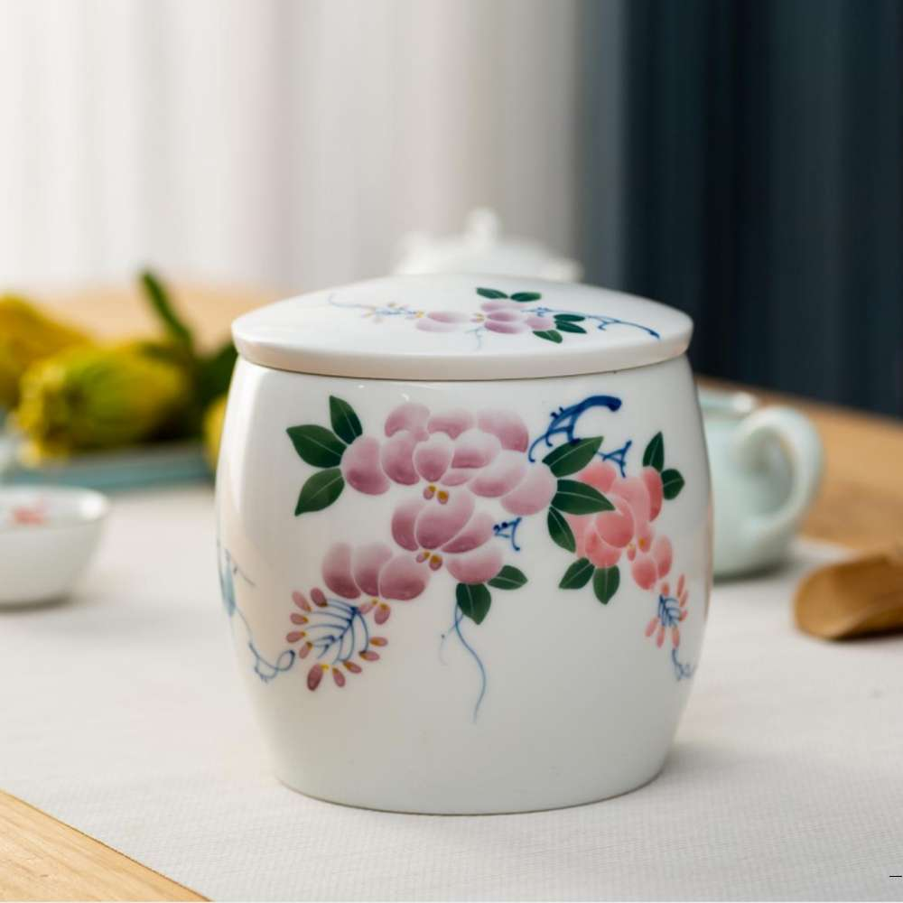 Hand-Painted Floral Drum-Shaped Storage Jar (Underglaze painting)