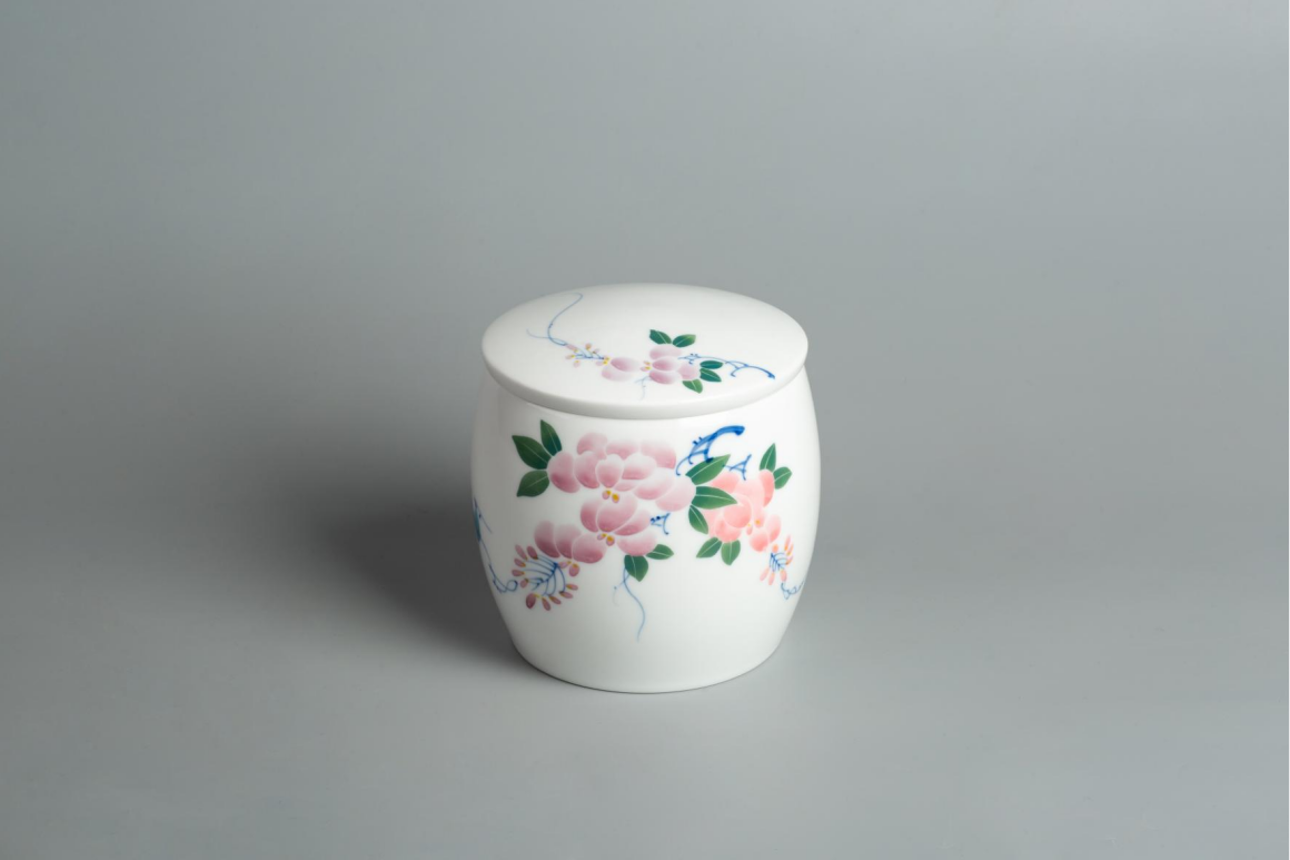 Hand-Painted Floral Drum-Shaped Storage Jar (Underglaze painting)