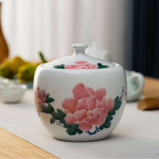 Hand-Painted Peony Apple-Form Storage Jar (Underglaze painting)
